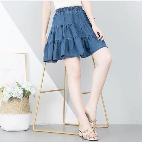 Women Elegant A-Linen Denim Mini Skirts Vintage Solid Female Casual Loose Ruffles Skirts Plus Size M-7XL