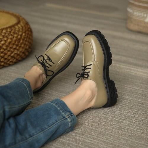 2021 New Autumn Women Shoes Brock Cow Leather Round Toe Chunky Heel Loafers Women Black Platform Casual Lace-Up Flats