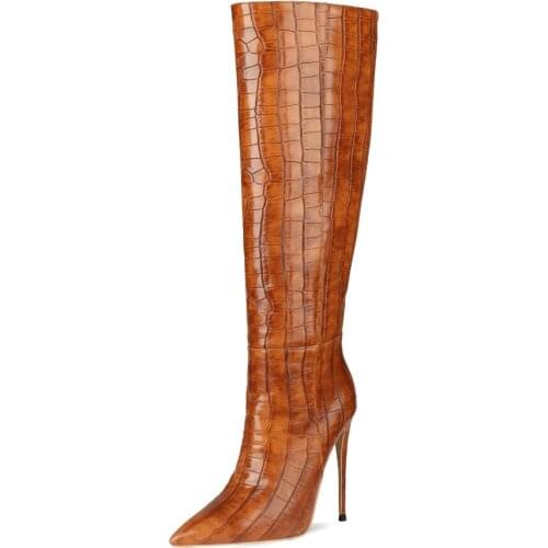 Woman Stiletto Heels Brown Knee High Boots European-American Style Thin Heel Slip On Ladies Boots
