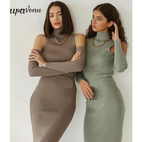 Free Shipping Fashion Autumn Womens Knit Skirt Set High Neck Hollow Long Sleeve Short Top & Midi Skirt Tight Two-Piece Set