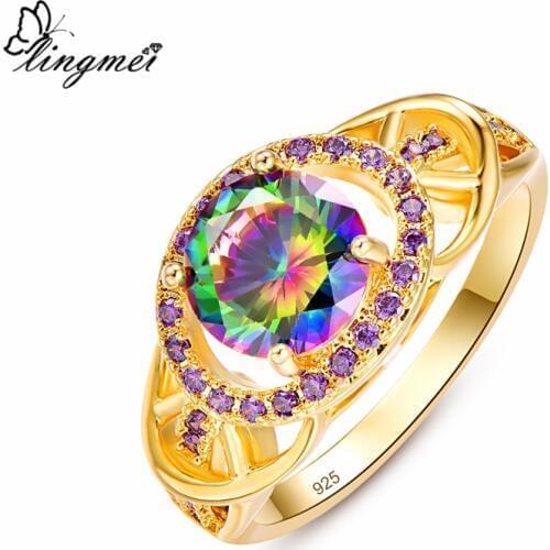 Lingmei Engagement Elegant Bride Yellow GoldSilver Color Ring Size 6-9 Fashion Gorgeous Wedding Band Jewelry