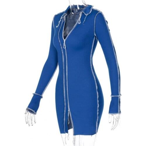 Women Sexy Deep V Neck Long Sleeve Patchwork Ribbed Split Mini Bodycon Dress