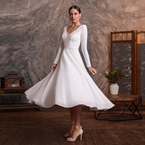 2021 Short Wedding Dresses Sexy V Neck Long Sleeves Beading Belt A Line Simple Bridal Gown Vestido De Noiva
