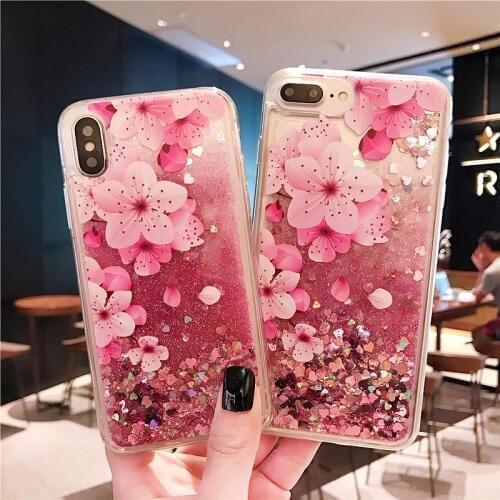 Liquid Quicksand Glitter Case For iPhone X XR XS Max Cases Peach Blossom Soft TPU Phone Cases for iPhone 6 7 8 Plus Cover Case