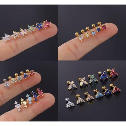 1 PCS Cute Red Blue Zircon Round Heart Ear Bone Cuff Earring for Woman Man Gold Color Copper Steel Piercing Earring Ear Jewelry