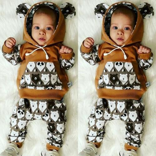 2020 Newborn Baby Boy Girl 2PCS Autumn Clothes Bear Printed Hooded Top Pants Outfits