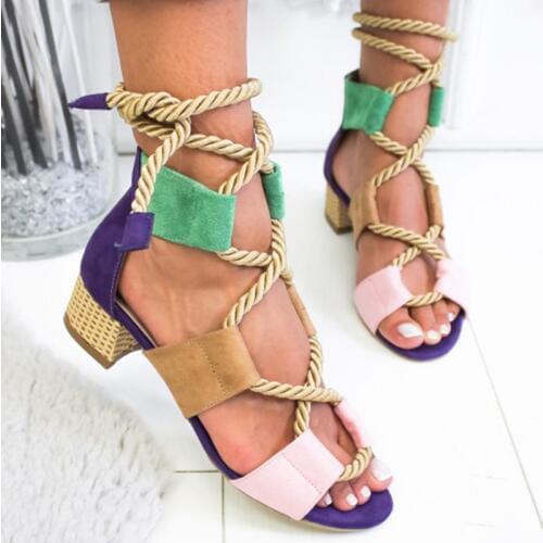 2021 New Fashion Women Sandals Womens String Gladiator Sandals Summer High Heels Mixed Color Stitching Casual Sandals