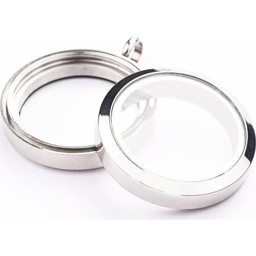 30mm Threaded Stainless Steel Glass Memory Photo Box Pendant Rotating Open Round Glossy Floating Lockets Pendant Cage