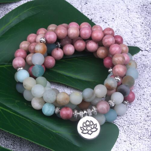 8mm Natural Rhodochrosite With Frosted Amazonite Beads Strand Bracelet Lotus OM Buddha Charm Yoga Bracelet 108 Mala Necklace