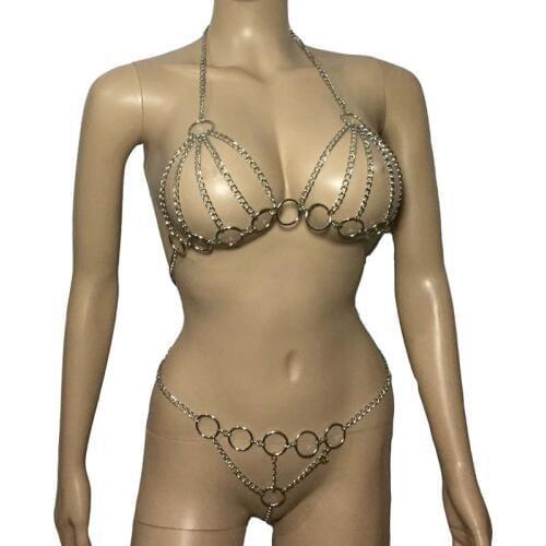 Women Sexy Fantacy Metal Chained Body Harness Top Open Breast Halter Bra with Thong Bondage Fetish Sexy Lingerie Set