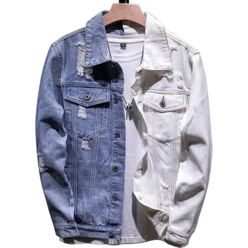 Mens Fashion Denim Jacket Hip Hop Slim Blue white Patchwork Cotton Jeans Coat Motorcycle Male Casual Streetwear Denim Jacket