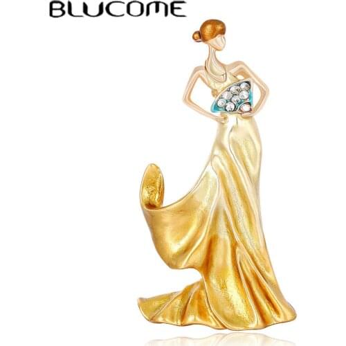 Blucome Enamel Dancing Girls Women Shape Brooch Gold Color Party Dress Accessories Crystal Rhinestone Brooches Pins