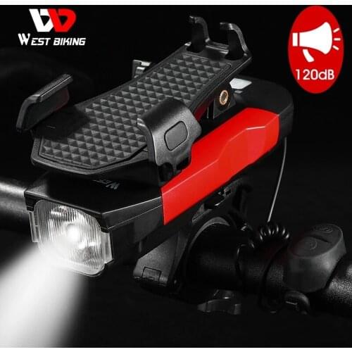 WEST BIKING Mult Bike Light USB Recharge Bicycle Handlebar Light 130dB Bicycle Horn Bell Bike Headlight Phone Holder Bike Lights