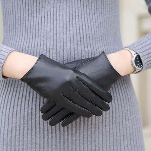 JKP Womens Short Sheepskin Gloves Thin Leather Gloves Touch Screen Black Button Gloves
