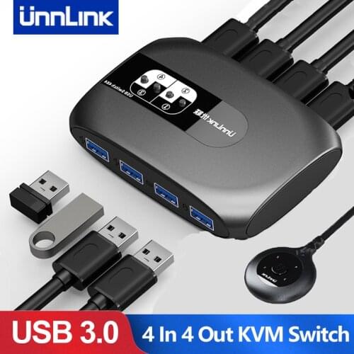 Unnlink 4 Ports KVM USB 3.0 Switch with Extender USB 3.0 X4 Keyboard Mouse Printer U Disk for 4 PCs Computers Laptops Switch Box