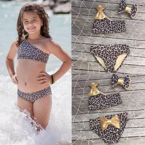 Kids Baby Girls 3pcs Swimwear Leopard Print One Shoulder Bikini Set+Headband Toddler Summer Beach Swimsuit Bathing Suit