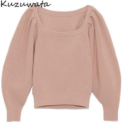 Square Color Solid Collar Knitted Pullovers New Fashion Simple Women Sweaters Autumn Winter Puff Sleeve Jacket 1H591