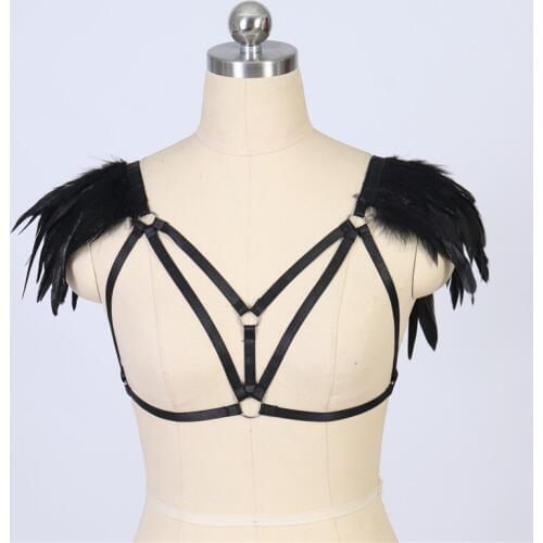 Feathers Epaulettes Shoulder Wings Festival Wear Harness Cage Bra Top Plus Size Body Cage Sexy Bondage Harness Lingerie Bodysuit