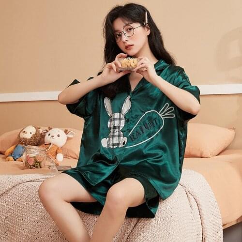 Womens Homedress Pajamas Sets Short Sleeve Shorts Ice Silk Nightgown Turn-down Collar Sleepwear Silk-like Fabric Home Clothing