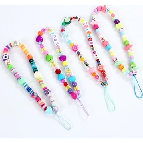 Woven Beaded Anti-lost Phone Chain Fruit Rainbow Soft Ceramic Lanyard Charm Strap Mobile Hanging Cord for Girls phone charm
