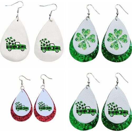Faux Leather Earrings For Saint Patricks Day Buffalo Plaid Truck With Shamrocks