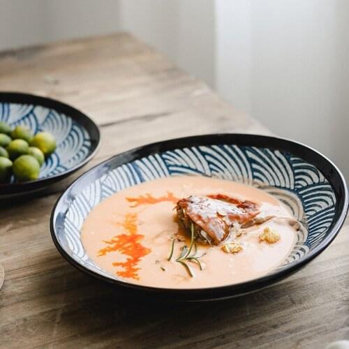 Japanese Style Traditional Sea Ripple Design Blue Color Single Ceramic Tableware Sushi Round Plate Rice Big Noodle Bowl