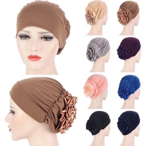 Solid Color Jersey Hijab Inner Flower Knot Easy Cap for Women Elastic Soft Headband Turban Chemo Hat Muslim Fashion Accessories