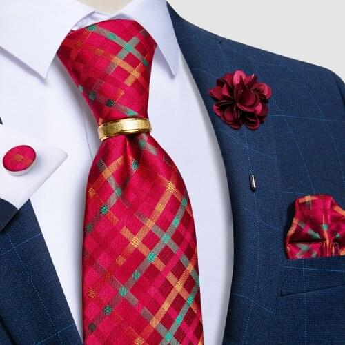 Green Yellow Striped Plaid Red Ties For Men 100% Silk Neck Tie For Business Wedding Party Tie Ring Brooch Pocket Square Cufflink