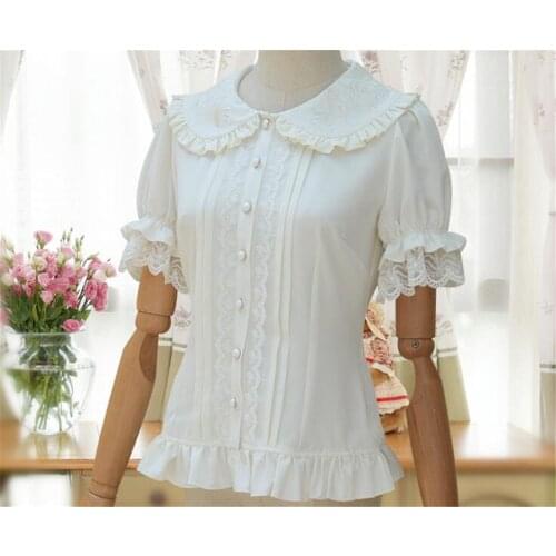 Sweet Lolita Shirt Short Puff Sleeve Flower Embroidered Peter Pan Collar White Ruffle Blouse for Ladies B313