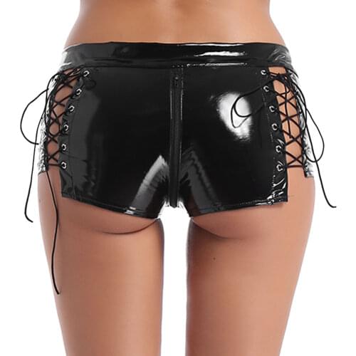 Womens Zipper Crotch Rave Booty Shorts for Pole Dance Wet Look Patent Leather Hollow Out Lace-up Mini Hot Pants for Night Club