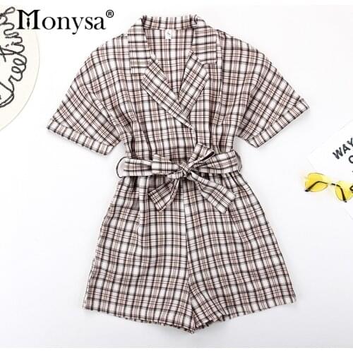 Plaid Jumpsuits For Women 2019 New Arrival Short Sleeve Notched Collar Vintage Elegant Playsuits Ladies Summer Short Romper