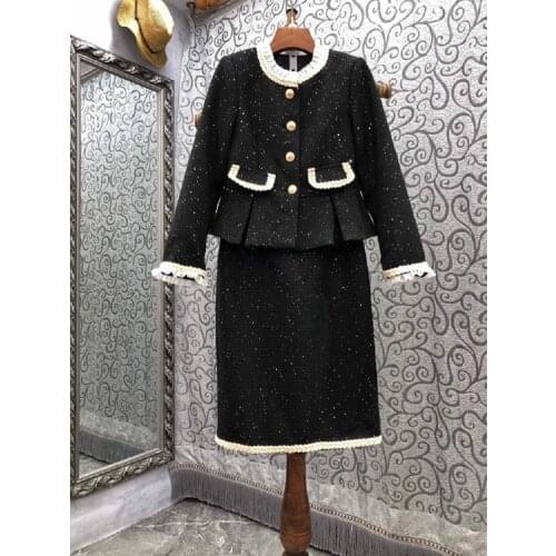 Top Quality New Tweed Wool Sets 2021 Autumn Winter Jacket Set Women Single Breasted Black Woolen Coats+Knee Length Wool Skirts
