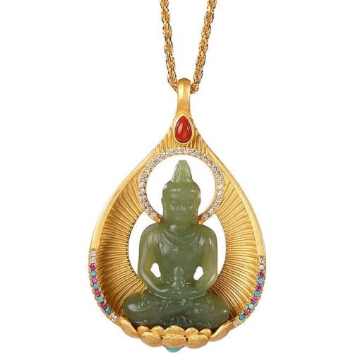 S925 sterling silver gold plated Natural Hetian jade Gray jade Pendant Retro Dipamkara Buddha Womens pendant