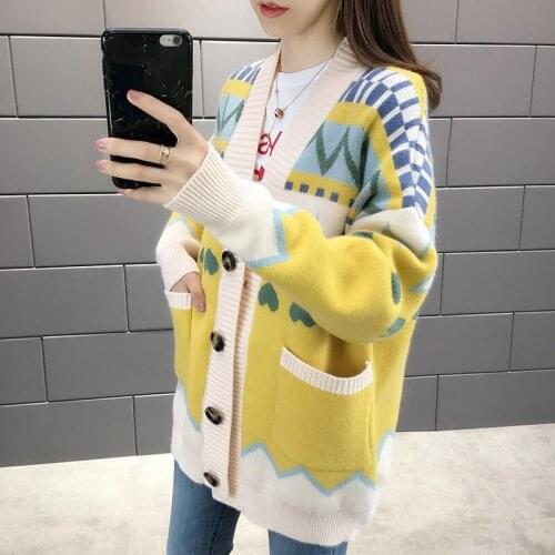 2021 Autumn And Winter Women Cardigans New Korean Version Of Diamond-shaped Knit Love Jacquard Wide Loose Sweater Coat Female