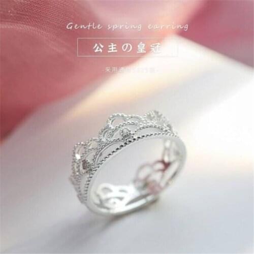 Season Gate 925 Sterling Silver Shining Crown of Temperament Lace Hollow Adjustable Size Open Ring for Women Girls SR036
