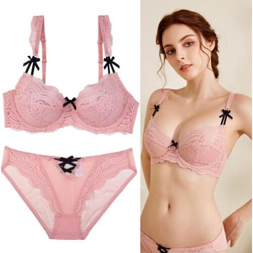 2 Piece Sexy Translucent Lace Bow Bra And Panties Set Big Breasts Looks Smaller Push Up Embroidery Sensual Lingerie Women Set