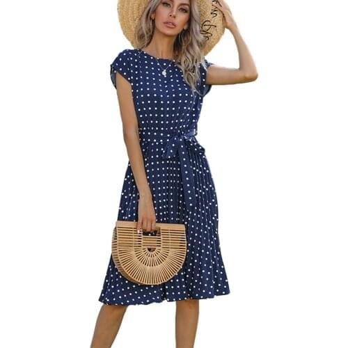 2021 Summer Beach Woman Dress Fashion Print Polka Dot Casual Pleated Midi Dresses for Women Vacation Elegant Ladies Sundress