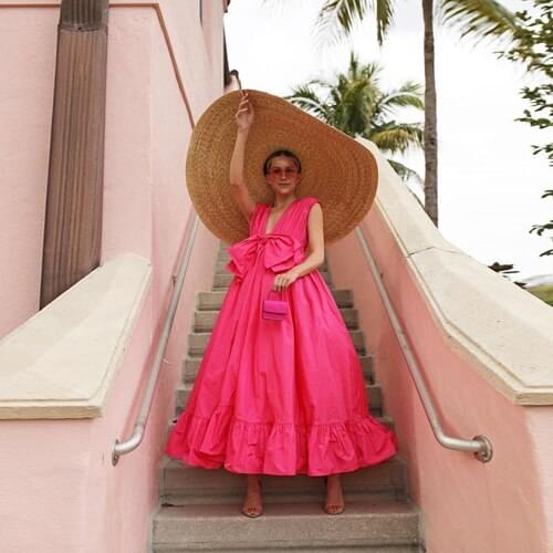 Fashion Generous A-Line Ruffle Long Dresses For Women Deep V-Neck With Bow Design Elegant Ankle Length Prom Dress robe Kleid