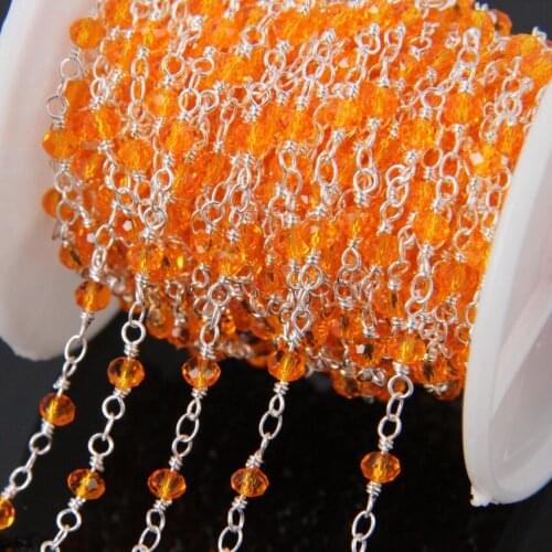 5Meter Faceted Orange Glass Rondelle Beads Chains,plating silver Wire Wrapped loop Yellow Glass Rosary Chain Necklace bracelet