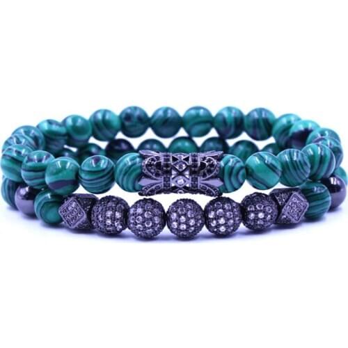 8mm 2PCS/Set tg43 elastic adjusted nature malachite bead micro pave cz zircon cubic zirconia tube Bracelet