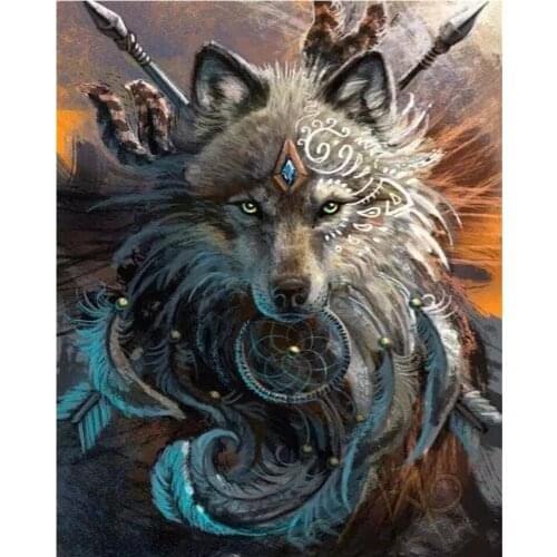 DIY Diamond Painting Needlework DIY Full Diamond painting"Indian Feather Wolf"Animal Embroidery Mosaic Gift dream catcher