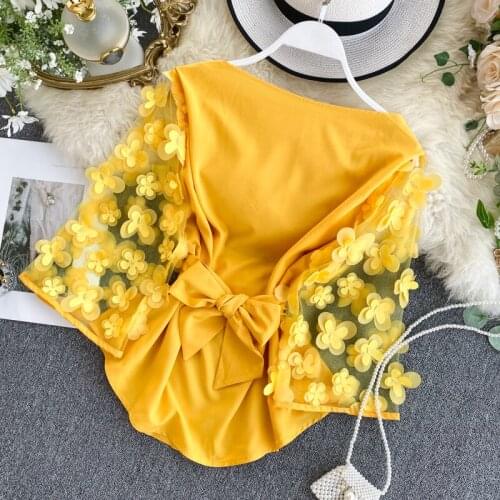 Autumn Spring 2020 New Slim Waist Lace Up Blouse O Neck Patchwork Mesh Flare Three Quarter Sleeve Appliques Blusas Elegant Shirt