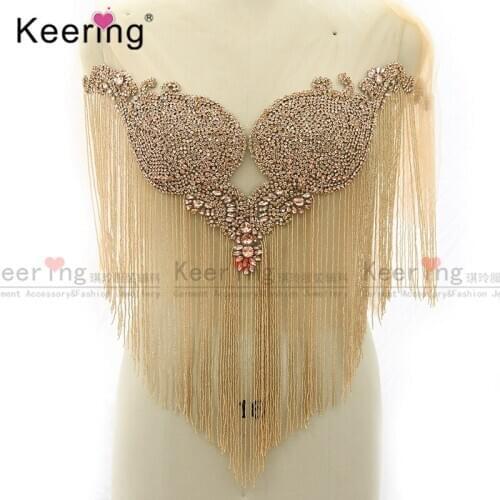 Hot Sale rose Gold Waterfall Dangling Rinestone Bodice Applique Tassel For Party Dress WDP-246