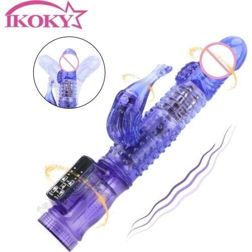 IKOKY Double Vibrator Masturbator Clitoris Stimulator Sex Toys For Women G Spot Dildo Rabbit Vibrator 360 Degree Rotation Beads