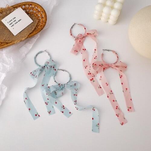 Kawaii Korean Ribbon Cherry Print Bowknot Earrings for Women Fashion Long Tassel Hoop Earrings Trendy Jewelry Pendientes MS316