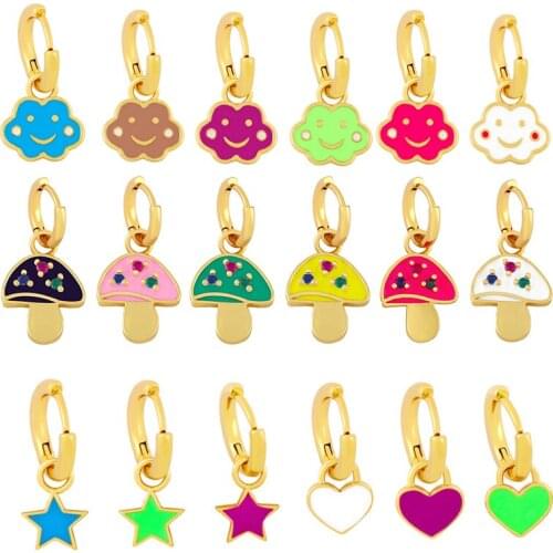 QMHJE Small Hoop Earrings for women Neon Green Bright Fluorescent Enamel Gold Color Heart Star Mushroom Cloud Smile Good Mood