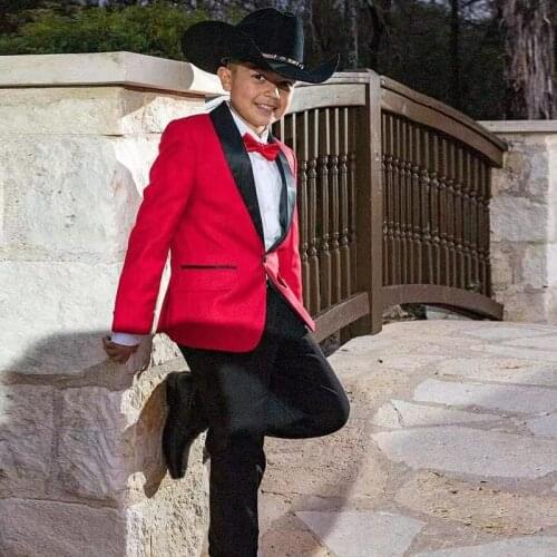 Fashionable 2 Piece Slim Fit Boys Suit One Button Shawl Kids Formal Wear Custom Made Child Red Blazer Black Pants