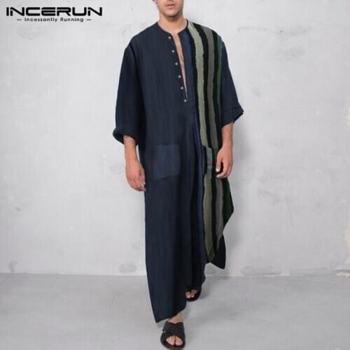 INCERUN Muslim Men Jubba Thobe Striped Patchwork Cotton Long Sleeve Casual Button Robes Pockets Caftan Islamic Arabic Men Kaftan