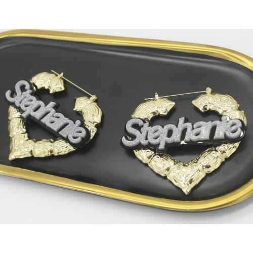 Hiphop Customizable Bamboo Hoop Earrings Custom Acrylic Name Earring Heart Shape Bamboo Earrings For Women Heart Bamboo Earrings