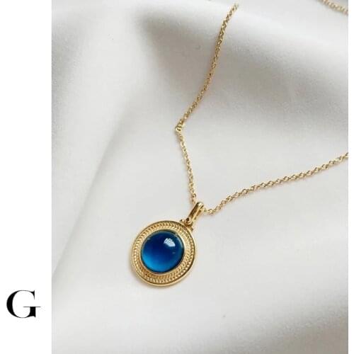 GHIDBK Hot Sale 925 Sterling Silver Geometric Oval Blue Crystal Pendant Necklaces Delicate Texture Lovely Stone Charming Chokers